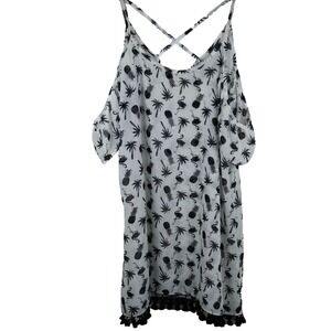 Miken Swim Cold Shoulder Swim Cover Up‎ Women M White Flamingo Tassel Coastal